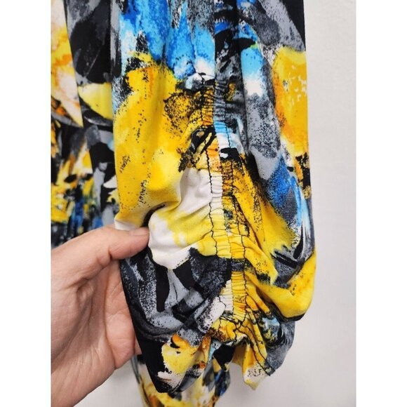 Peter Nygaro Womens Tunic Top 1X Blue Yellow Floral Stretch 3/4 Ruched Sleeve - Picture 4 of 7
